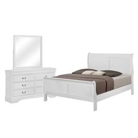 Queen Sleigh Bed, 6 Drawer Dresser, Landscape Mirror